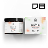 HempLucid Delta-8 THC Watermelon Flavored Gummy Cubes in a black jar beside its box with a prominent company logo and product details.
