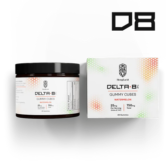 HempLucid Delta-8 THC Watermelon Flavored Gummy Cubes in a black jar beside its box with a prominent company logo and product details.