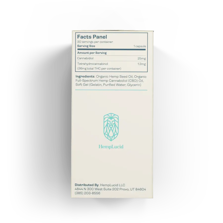 Facts panel for HempLucid 25mg Full-Spectrum CBD THC Soft-Gel Capsules, showing serving size, cannabinoid content, and ingredients including organic hemp seed oil.