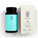 HempLucid 50mg Full-Spectrum CBD THC Soft-Gel Capsules, displayed in a amber bottle with teal label next to its white packaging box, detailing 1500mg total CBD content.
