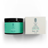 HempLucid Full-Spectrum CBD/THC Gummy Cubes in assorted flavors, showcased in a teal jar beside its white packaging box, detailing 750mg total and 25mg per serving.