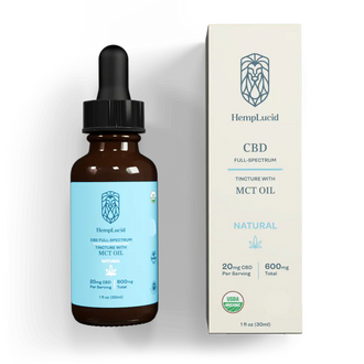 HempLucid Full-Spectrum CBD 600mg Tincture with MCT Oil, 20mg per serving in a dropper bottle beside its white packaging.