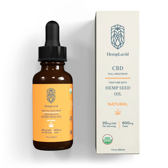 HempLucid Full-Spectrum CBD USDA Organic Tincture with Hemp Seed Oil, natural flavor, 20mg per serving, 600mg total in a dropper bottle beside its white packaging.