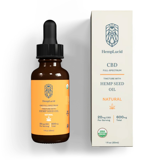 HempLucid Full-Spectrum CBD USDA Organic Tincture with Hemp Seed Oil, natural flavor, 20mg per serving, 600mg total in a dropper bottle beside its white packaging.