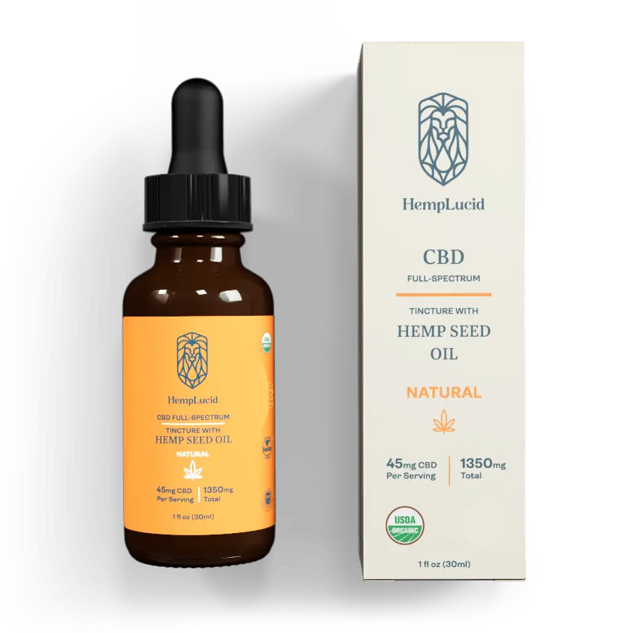 HempLucid Full-Spectrum CBD USDA Organic Tincture with Hemp Seed Oil, natural flavor, 45mg per serving, 1350mg total in a dropper bottle beside its white packaging.