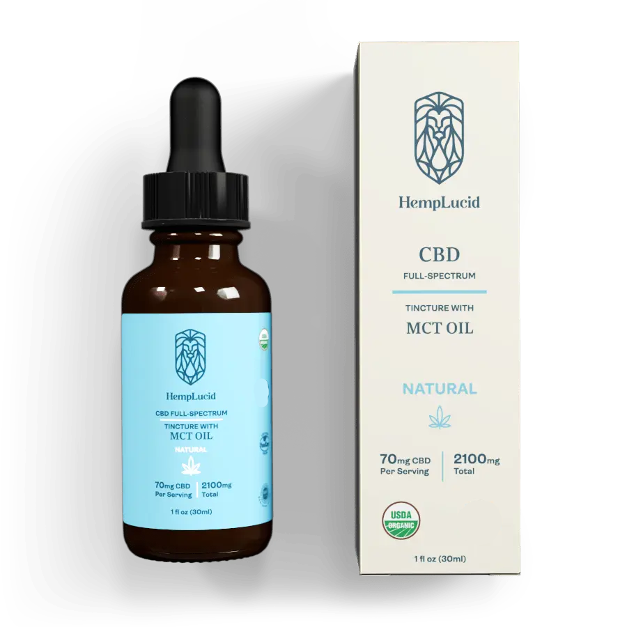 HempLucid Full-Spectrum CBD 2100mg Tincture with MCT Oil, 70mg per serving, showcased beside its white box.