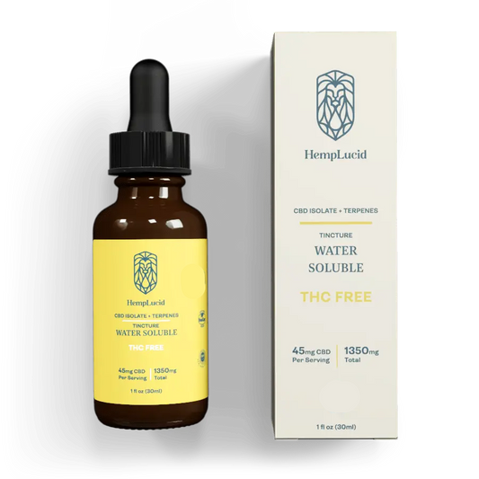 Image showing HempLucid THC Free CBD Isolate with Terpenes Water Soluble Tincture bottle alongside its packaging, highlighting 45mg per serving and 1350mg total CBD, ideal for precise dosing without THC.