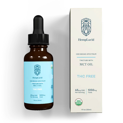 Display of HempLucid's organic THC free CBD broad-spectrum tincture with MCT oil, 45mg CBD per serving, 1350mg total, certified USDA organic and kosher.