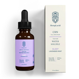 Front view of HempLucid water soluble sleep formula bottle and box, highlighting CBN and CBD content with lavender mint flavor, certified organic.