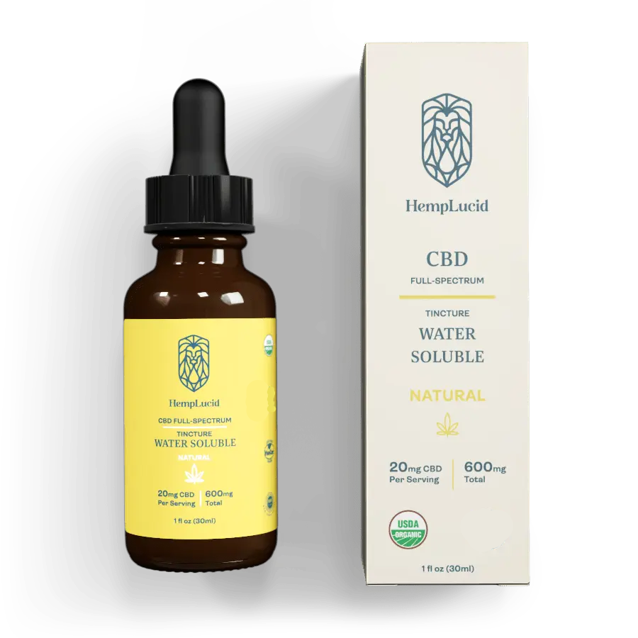 HempLucid Water Soluble 600mg CBD tincture in Natural flavor, 20mg dosage, showcased with its packaging, highlighting the USDA organic certification