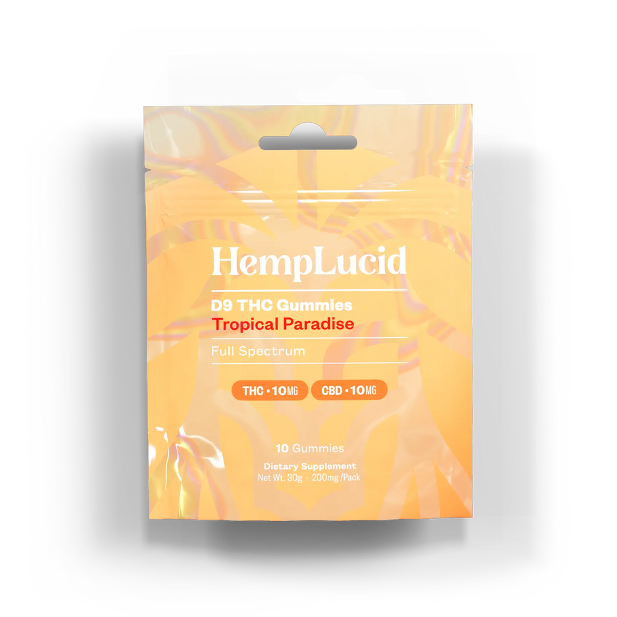 Front view of HempLucid D9 THC Gummies - Tropical Paradise, featuring vibrant orange packaging with 10mg THC and 10mg CBD per gummy. Full Spectrum dietary supplement with 10 gummies per pack.
